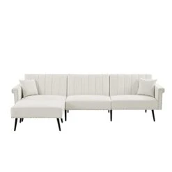 GENERIC L-Shape Sectional Sofa With Ottoman Elegant Line Design Folding Futon Bed Nailhead Trim White Cabin Lodge Mid-Century Modern Solid Velvet Handmade