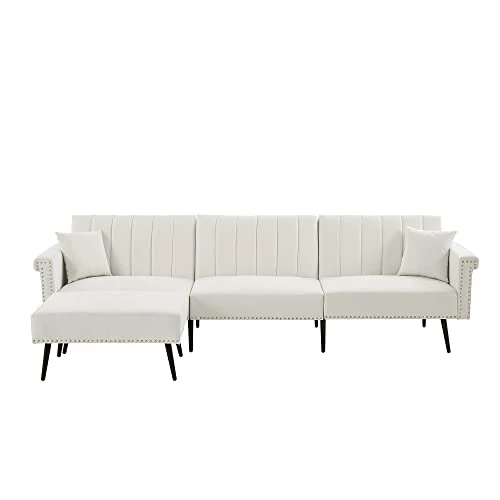 GENERIC L-Shape Sectional Sofa With Ottoman Elegant Line Design Folding Futon Bed Nailhead Trim White Cabin Lodge Mid-Century Modern Solid Velvet Handmade 1 GENERIC L-Shape Sectional Sofa With Ottoman Elegant Line Design Folding Futon Bed Nailhead Trim White Cabin Lodge Mid-Century Modern Solid Velvet Handmade
