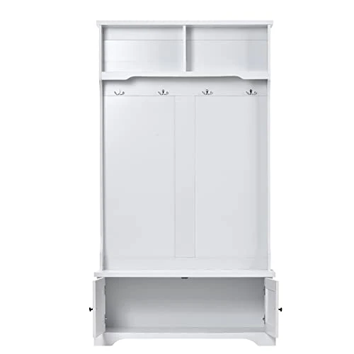 P PURLOVE Hall Tree With Storage Bench, With Shelves Cabinet And 4 Hooks, 3-in-1 Design, White 4 P PURLOVE Hall Tree With Storage Bench, With Shelves Cabinet And 4 Hooks, 3-in-1 Design, White - Image 4