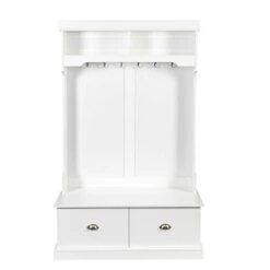 3-in-1 Entryway Hall Tree With Bench, Coat Rack Shoe Bench With 6 Double Hooks & 2 Drawers For Hallway, Living Room, White -Safavieh Furniture 21L8VQWfBFL