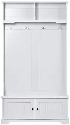 Gosuna Hall Tree Storage Bench 3-in-1 Entryway Coat Rack With 4 Double Hooks Wood Entryway Bench With Storage (White) -Safavieh Furniture 21XLDwUcL9L. AC