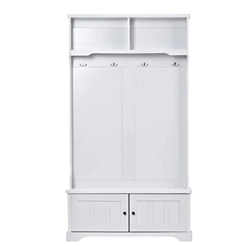 P PURLOVE Hall Tree With Storage Bench, With Shelves Cabinet And 4 Hooks, 3-in-1 Design, White 5 P PURLOVE Hall Tree With Storage Bench, With Shelves Cabinet And 4 Hooks, 3-in-1 Design, White - Image 5