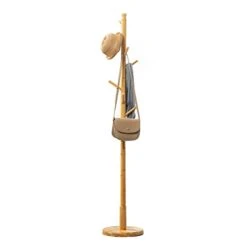 Maydear Bamboo Coat Rack, Floor Standing Wooden Coat Rack Tree With Solid Round Base, Freestanding Coat Rack With 3 Sections 8 Hooks, For Hallway Entryway Of Living Room, Bedroom & Office