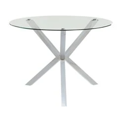 BOWERY HILL 41" Round Glass Top Contemperary Dining Table In Chrome -Safavieh Furniture 21xyEzYFWDL