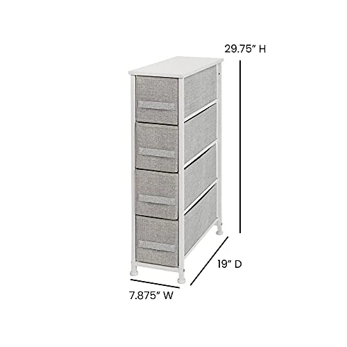 Flash Furniture Harris 4 Drawer Slim Wood Top White Cast Iron Frame Dresser Storage Tower With Light Gray Easy Pull Fabric Drawers 3 Flash Furniture Harris 4 Drawer Slim Wood Top White Cast Iron Frame Dresser Storage Tower With Light Gray Easy Pull Fabric Drawers - Image 3