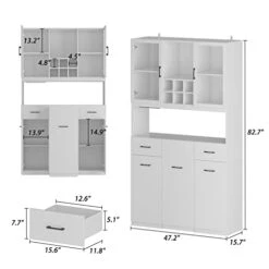 FAMAPY Kitchen Hutch Storage Cabinet With Drawers And Glass Doors, Pantry And Kitchen Storage With Wine Storage & Glass Holder, For Dining Room Kitchen White (47.2”W X 15.7”D X 82.7”H)