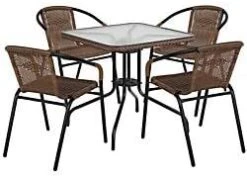 Flash Furniture Lila 28'' Square Glass Metal Table With Dark Brown Rattan Edging And 2 Dark Brown Rattan Stack Chairs -Safavieh Furniture 310M IhU5bL. AC