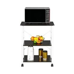 Karl Home Microwave Oven Cart Bakers Rack On Wheels, Kitchen Storage Shelf Rolling Caster Stand With 10 S-Shaped Hooks 3 Tier Shelves, Dark Brown Adjustable Coffee Bar Station Wheeled Serving Trolley