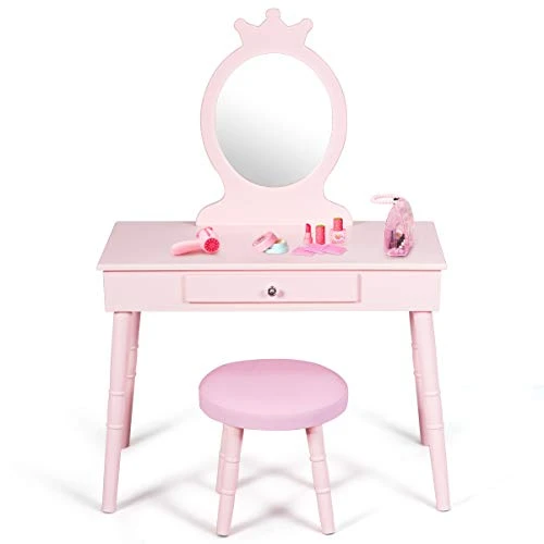 Costzon Kids Vanity Set, Wooden Princess Makeup Table With Cushioned Stool, Large Drawer, Solid Wooden Legs And Crown Mirror, Pretend Beauty Make Up Dressing Play Set For Girls Best Gift (Pink) 5 Costzon Kids Vanity Set, Wooden Princess Makeup Table With Cushioned Stool, Large Drawer, Solid Wooden Legs And Crown Mirror, Pretend Beauty Make Up Dressing Play Set For Girls Best Gift (Pink) - Image 5