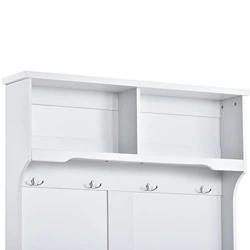 P PURLOVE Hall Tree With Storage Bench, With Shelves Cabinet And 4 Hooks, 3-in-1 Design, White 6 P PURLOVE Hall Tree With Storage Bench, With Shelves Cabinet And 4 Hooks, 3-in-1 Design, White - Image 6