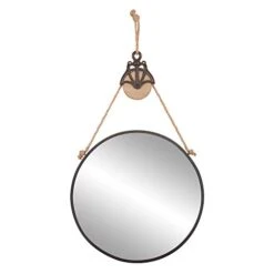 Patton Wall Decor 24" Round Metal Wall Mirror With Hanging Rope And Antique Pully,Black