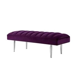 Nicole Miller Raul Bench - Velvet Upholstered | Channel Tufted | Mirrored Metal Legs | Glam | Purple/Chrome