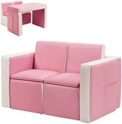 Costzon Kids Sofa, 2 In 1 Double Sofa Convert To Table And Two Chairs, Toddler Lounge With Wooden Frame And PVC Surface, Children Boys Girls Couch Armrest Chair Double Seats With Storage Space (Red) -Safavieh Furniture 314bIahlmL. AC