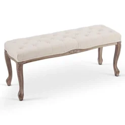 VONLUCE French Vintage Bench With Padded Seat & Rubberwood Legs, 44" Upholstered Entryway Bench & Dining Bench, Tufted Fabric End Of Bed Bench For Bedroom Living Room Hallway More, Beige