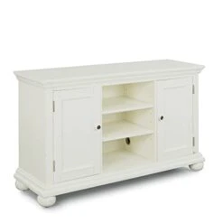 Home Styles Dover White Entertainment Stand With Two Open Shelves, Two Wood Panels Doors, Adjustable Shelves, And Cable Access