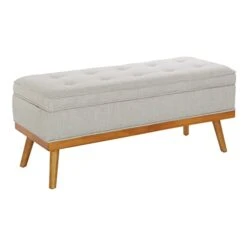 OSP Home Furnishings Katheryn Storage Bench With Tufted Seat And Wood Finish Legs, Grey Fabric