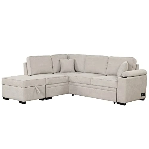 Merax L Shaped Sectional Sofa Couch Sleeper Bed With Storage Ottoman And Chaise For Living Room, Small Apartment Love Seats, Beige_Linen 2 Merax L Shaped Sectional Sofa Couch Sleeper Bed With Storage Ottoman And Chaise For Living Room, Small Apartment Love Seats, Beige_Linen - Image 2