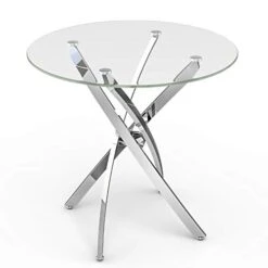 Mecor Contemporary Glass Top Dining Table, Kitchen Bistro Round Table W/Art-Design Stainless Steel Frame (Clear)
