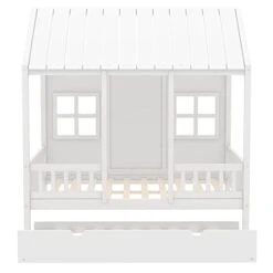 Harper & Bright Designs Full House Bed With Twin Size Trundle, Wood Full Size Bed With Roof, Windows And Fence, Playhouse Bed Frame For Kids Teens Boys & Girls, No Box Spring Needed (White) -Safavieh Furniture 319U9GyqjiL