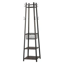 VECELO Coat Rack Freestanding, Entryway Clothes Stand With Metal Basket And 2 Shelves, Upgrade Hall Trees With 8 Dual Hooks For Bags, Hats, And Umbrellas, Industrial Styles, Vintage Brown+ Black