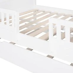 Full Size House Bed With Trundle, Wood Kids Full Bed With Roof And Guardrails, Playhouse Beds Frame Full For Kids, Teen, Toddler, No Box Spring Needed, Easy Assembly (Full, White) -Safavieh Furniture 31A6IqhZ8RL