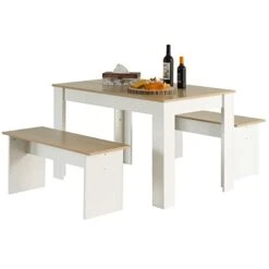 Basicwise White Modern Wooden Dining Table With Two Benches, Three Piece Set, Writing Desk