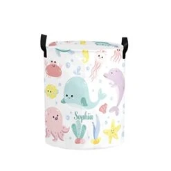 Personalized Laundry Basket Hamper,Cute Ocean Animal,Collapsible Storage Baskets With Handles For Kids Room,Clothes, Nursery Decor