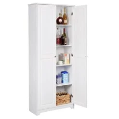 VINGLI White Pantry Cabinet, Tall Kitchen Pantry Storage Cabinet, Freestanding Pantry Cupboard, 2 Door Pantry For Laundry Room, Kitchen, Apartment