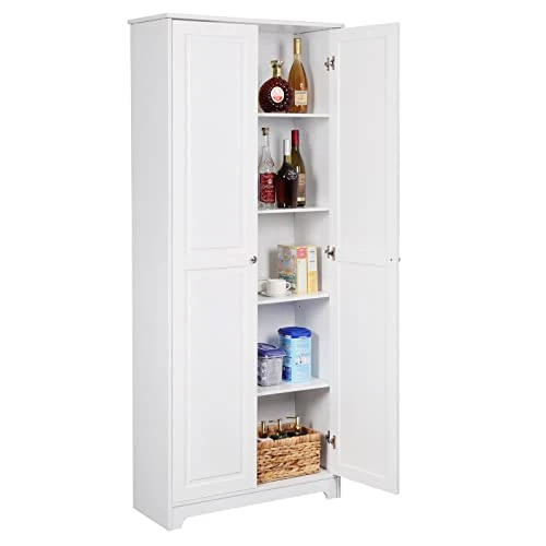 VINGLI White Pantry Cabinet, Tall Kitchen Pantry Storage Cabinet, Freestanding Pantry Cupboard, 2 Door Pantry For Laundry Room, Kitchen, Apartment 1 VINGLI White Pantry Cabinet, Tall Kitchen Pantry Storage Cabinet, Freestanding Pantry Cupboard, 2 Door Pantry For Laundry Room, Kitchen, Apartment