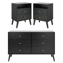 Home Square 3-Piece Set With 2 Modern Tall Nightstands & 6-Drawer Double Dresser