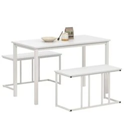 Soges Dining Table Set For 4, Kitchen Table Set With 2 Benches, Elegant Space-Saving Dining Room Furniture, 3 Pieces Breakfast Table Set Dining Table With Bench Dining Room Bench Set, White