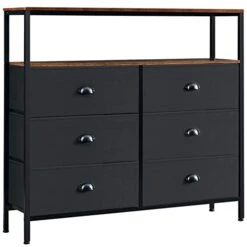 Larger Dresser For Bedroom, 6 Drawers Dresser With Shelves, Chest Of Drawers For Living Room, Hallway, Closets And Nursery - Black