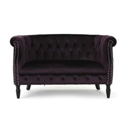 GDFStudio Melaina Tufted Chesterfield Velvet Loveseat With Scrolled Arms, BlackBerry And Dark Brown