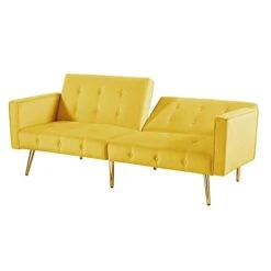 GENERIC Modern Loveseat Sofa Bed Velvet Upholstered Converts Folding Futon Yellow Casual Lake House Solid Manual Recline