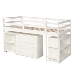 Rockjame Low Loft Bed, Twin Wood Bed Frame With Cabinet And Rolling Portable Study Desk, House Bedroom Furniture (White)