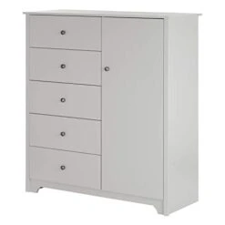 South Shore Vito Door Chest With 5 Drawers And Adjustable Shelves, Soft Gray
