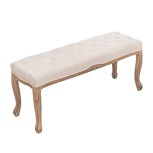 XRHOM Foot Stools Ottoman Entryway Bench Vanity Stool Shoe Bench Upholstered Dining Room Bench Foot Rest With Carved Pattern Solid Rubber Wood Legs For Bedroom, Beige 1 XRHOM Foot Stools Ottoman Entryway Bench Vanity Stool Shoe Bench Upholstered Dining Room Bench Foot Rest With Carved Pattern Solid Rubber Wood Legs For Bedroom, Beige