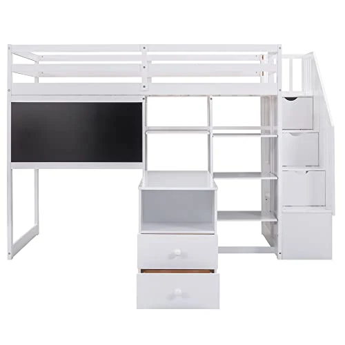 CITYLIGHT Twin Loft Bed With Stairs And Desk, Wooden Loft Bed Twin With Storage Shelves And Blackboard,Multi-Function Twin Size Loft Bed Frame For Kids Teens, White 3 CITYLIGHT Twin Loft Bed With Stairs And Desk, Wooden Loft Bed Twin With Storage Shelves And Blackboard,Multi-Function Twin Size Loft Bed Frame For Kids Teens, White - Image 3