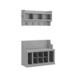 Bush Furniture Woodland Entryway Bench With Shelves And Wall Mounted Coat Rack, 40W, Cape Cod Gray