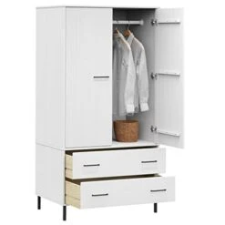 Loibinfen Wooden Wardrobe Closets With 2 Drawers And 1 Large Compartment, Storage Wardrobe Cabinet Armoire Clothes Cabinet Cupboard With Metal Legs For Bedroom, 35.4"x21.7"x67.9" White