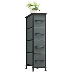 Narrow Dresser With 4 Drawers, Slim Storage Chest Of Drawers With Removable Fabric Drawers For Closet Small Spaces Bathroom Bedroom Laundry, Charcoal Grey/Dark Walnut