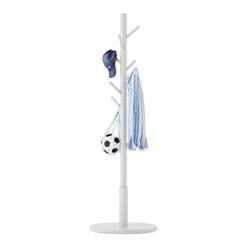 Aibiju Standing Coat Rack Stand With 8 Hooks And 3 Height Options, Wood Kids Coat Tree With Sturdy Round Base, Small Hall Tree Coat Rack White YD-1009