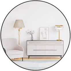 LFT HUIMEI2Y Wall Circle Mirror Large Round 28Inch Black Metal Frame Wall Mounted Circle Mirror For Bathroom, Living Room, Dining Room, Make Up Vanity Mirror, Entryway Mirror -Safavieh Furniture 31K2lsTfpNL. AC