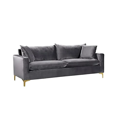 Meridian Furniture Naomi Collection Stainless 1 Modern | Contemporary Velvet Upholstered Sofa With Stainless Steel Base In A Rich Gold Or Chrome Finish, Grey 5 Meridian Furniture Naomi Collection Stainless 1 Modern | Contemporary Velvet Upholstered Sofa With Stainless Steel Base In A Rich Gold Or Chrome Finish, Grey - Image 5