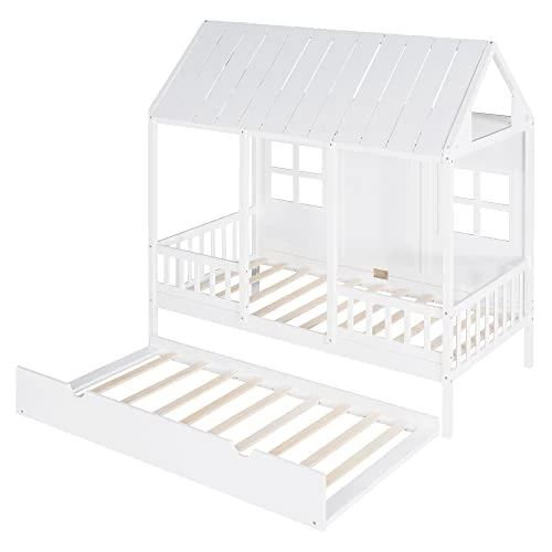 House Bed With Trundle, Twin House Bed For Kids, Wooden Platform Bed Frame With Headboard And Roof, For Girls Boys (Twin Size, White) 5 House Bed With Trundle, Twin House Bed For Kids, Wooden Platform Bed Frame With Headboard And Roof, For Girls Boys (Twin Size, White) - Image 5