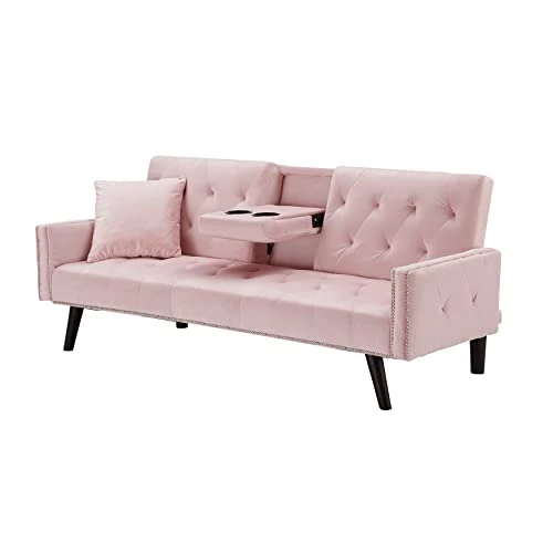 GENERIC 72" European Style Sofa Bed Velvetconvertible Futon Adjustable Backrest Loveseat With Nail Trim And Two Cup Holders Pink Casual Solid Velvet Manual Recline Nail S 1 GENERIC 72" European Style Sofa Bed Velvetconvertible Futon Adjustable Backrest Loveseat With Nail Trim And Two Cup Holders Pink Casual Solid Velvet Manual Recline Nail S