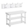 SONGMICS Shoe Bench Bundle With Wall Mounted Coat Rack, 3-Tier Bamboo Shoe Rack, 4 Dual Hooks, For Backpack Jacket, In The Entryway, Living Room, Bedroom, White ULBS004W01 And ULHR23WT