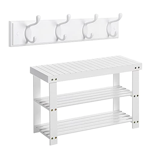 SONGMICS Shoe Bench Bundle With Wall Mounted Coat Rack, 3-Tier Bamboo Shoe Rack, 4 Dual Hooks, For Backpack Jacket, In The Entryway, Living Room, Bedroom, White ULBS004W01 And ULHR23WT 1 SONGMICS Shoe Bench Bundle With Wall Mounted Coat Rack, 3-Tier Bamboo Shoe Rack, 4 Dual Hooks, For Backpack Jacket, In The Entryway, Living Room, Bedroom, White ULBS004W01 And ULHR23WT