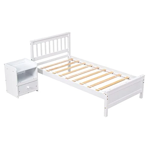 MOEO Twin Wood Bed Frame With Nightstand, Headboard And Footboard, For Kids, Bedroom Furniture, Home, No Spring Box Required & Easy Assembly, White 2 MOEO Twin Wood Bed Frame With Nightstand, Headboard And Footboard, For Kids, Bedroom Furniture, Home, No Spring Box Required & Easy Assembly, White - Image 2