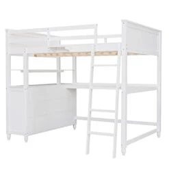 Harper & Bright Designs Full Loft Bed With Desk And 3 Drawers, Solid Wood Full Size Loft Bed Frame With 2 Tier Shelves And Angled Ladder For Kids Teens Boys Girls, No Box Spring Needed (White) -Safavieh Furniture 31OOaGrmMRL